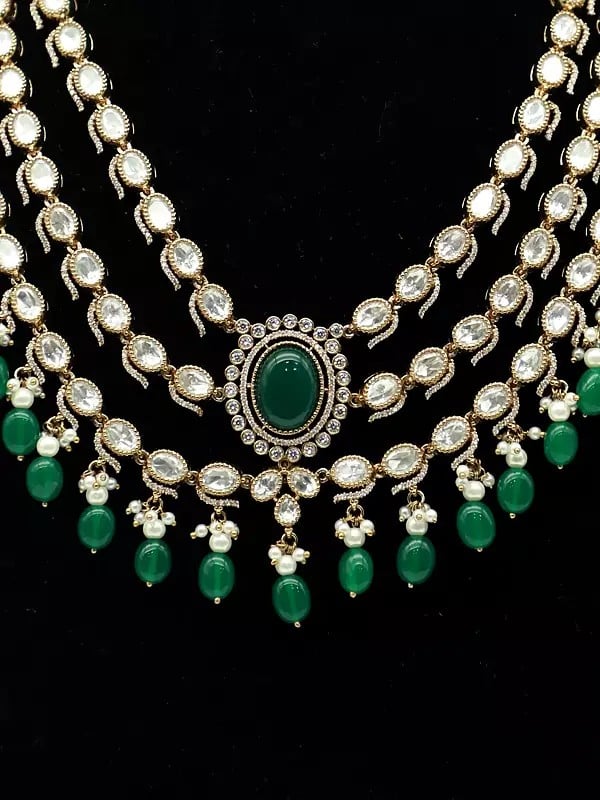 Exotic India Monalisa Beads Triple Layer Stone Studded Necklace With Earrings And Mangtika