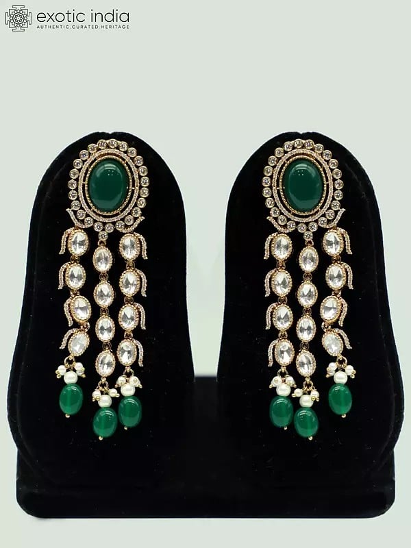 Exotic India Monalisa Beads Triple Layer Stone Studded Necklace With Earrings And Mangtika