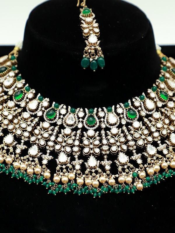 Exotic India Monalissa Bandhai Set Beaded And Stone Studded Choker Bridal Necklace With Earrings 
