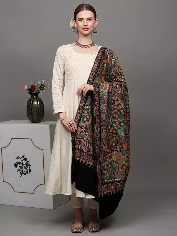 Exotic India Moonless-Night Pure Pashmina Shawl With Heavily Detailed Floral Multi-coloured Kalamkari Embroidery 