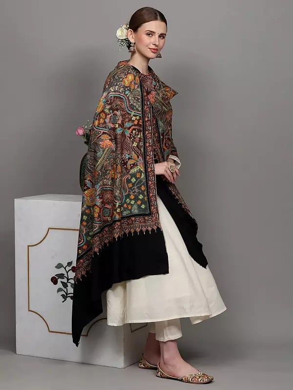 Exotic India Moonless-Night Pure Pashmina Shawl With Heavily Detailed Floral Multi-coloured Kalamkari Embroidery 