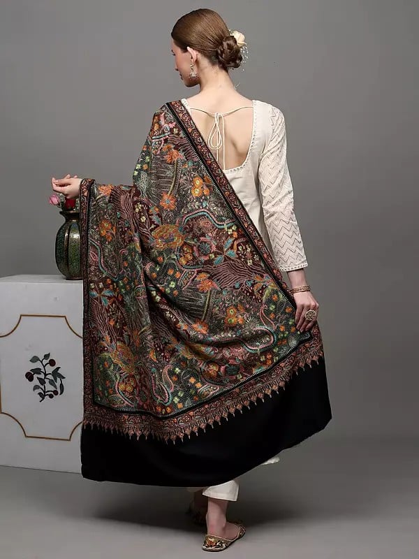 Exotic India Moonless-Night Pure Pashmina Shawl With Heavily Detailed Floral Multi-coloured Kalamkari Embroidery 