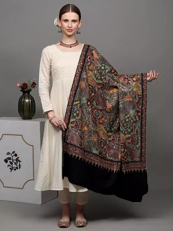 exotic india Moonless-Night Pure Pashmina Shawl with Heavily Detailed Floral Multi-coloured Kalamkari Embroidery 