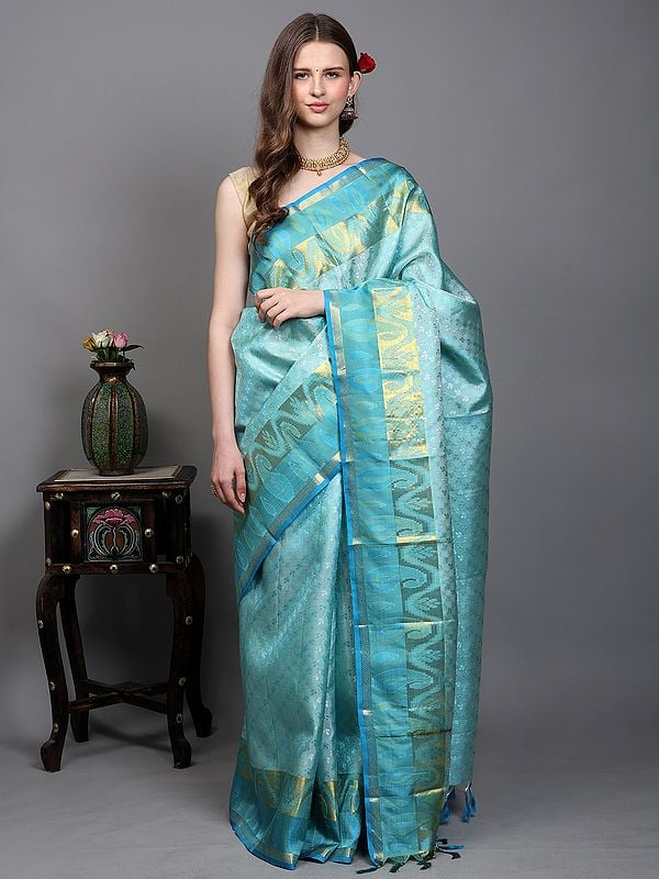 Exotic India Moonlight-Jade Floral Leaf Woven Pure Silk Saree And Golden Thread Work Border With Paisley Motifs From Bangalore 