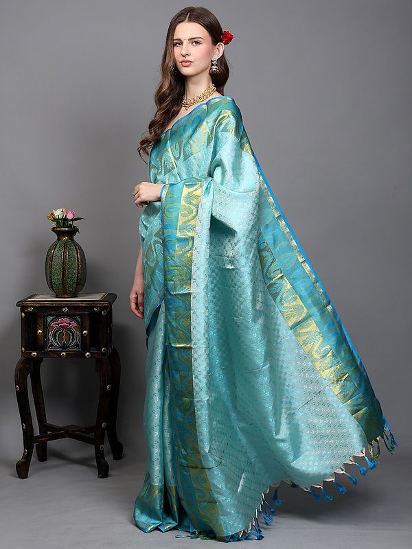 Exotic India Moonlight-Jade Floral Leaf Woven Pure Silk Saree And Golden Thread Work Border With Paisley Motifs From Bangalore 