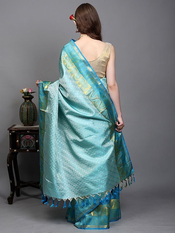 Exotic India Moonlight-Jade Floral Leaf Woven Pure Silk Saree And Golden Thread Work Border With Paisley Motifs From Bangalore 