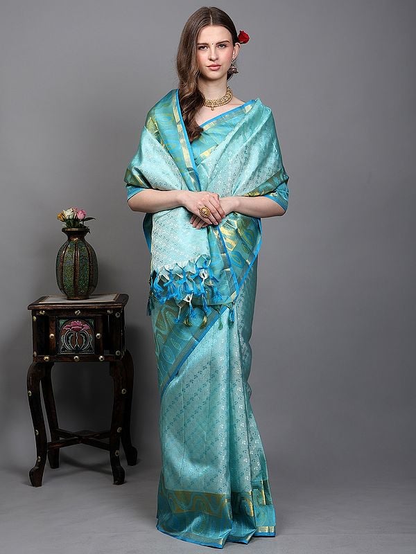 exotic india Moonlight-Jade Floral Leaf woven Pure Silk Saree and Golden Thread work Border with Paisley Motifs from Bangalore 