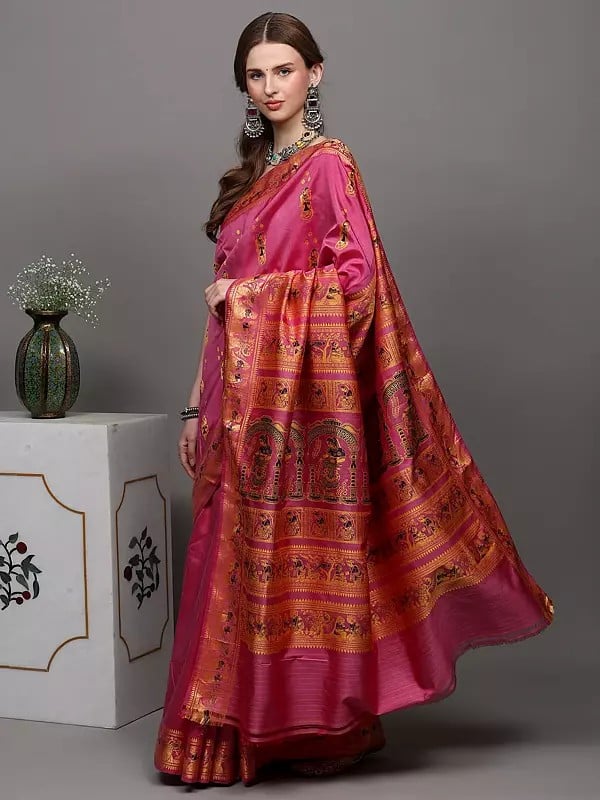 Exotic India Moonlite-Mauve Pure Silk Baluchari Saree With Hand-Woven Dancing Apsaras On Aanchal 