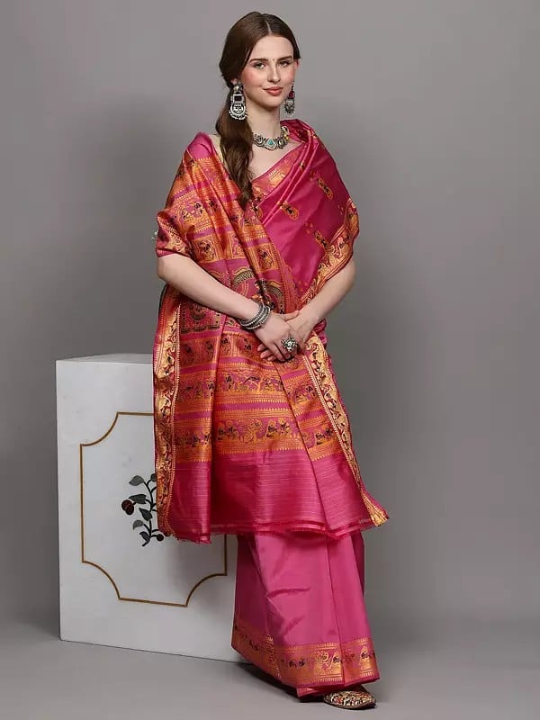 Exotic India Moonlite-Mauve Pure Silk Baluchari Saree With Hand-Woven Dancing Apsaras On Aanchal 