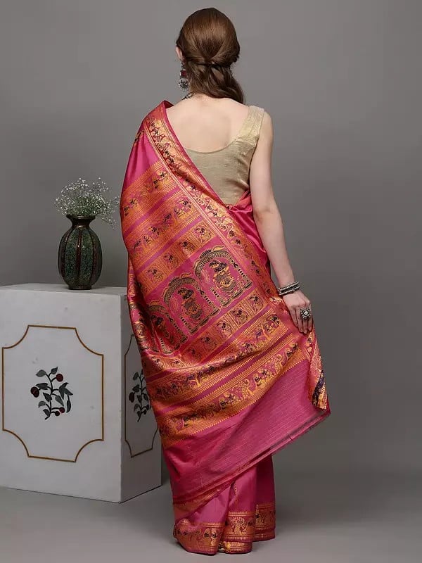 Exotic India Moonlite-Mauve Pure Silk Baluchari Saree With Hand-Woven Dancing Apsaras On Aanchal 