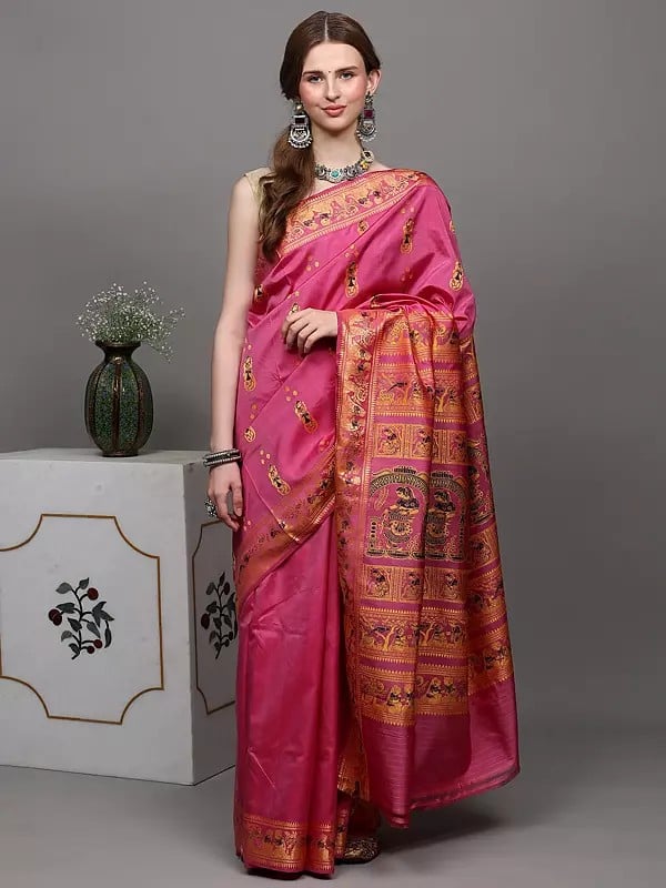 exotic india Moonlite-Mauve Pure Silk Baluchari Saree with Hand-Woven Dancing Apsaras on Aanchal 