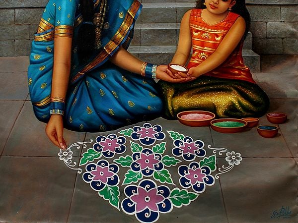 Exotic India Mother And Daughter Making Rangoli | Oil On Canvas 