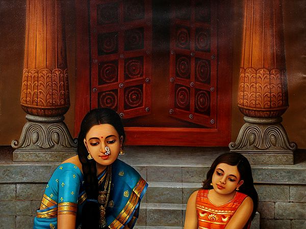 Exotic India Mother And Daughter Making Rangoli | Oil On Canvas 