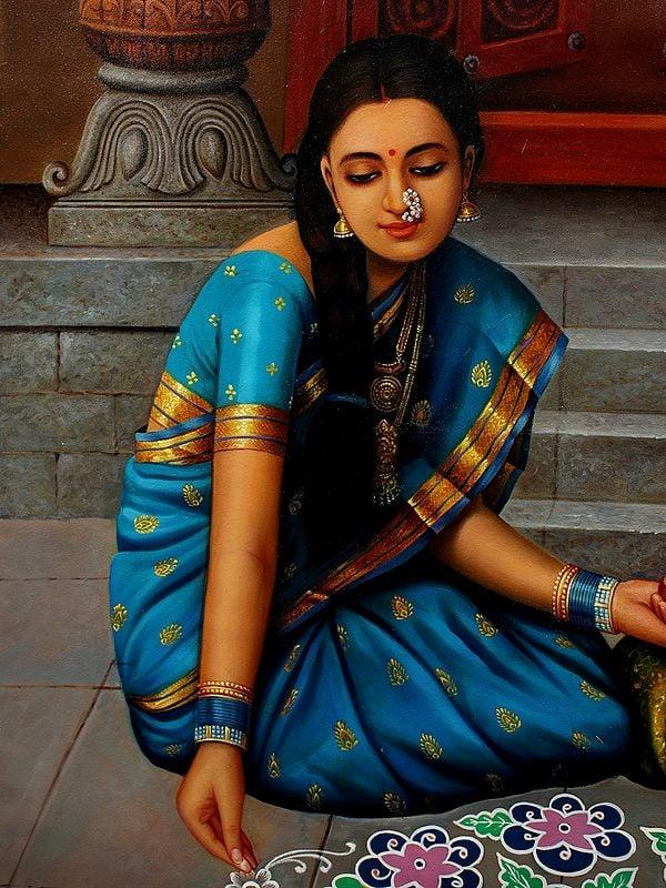 Exotic India Mother And Daughter Making Rangoli | Oil On Canvas 
