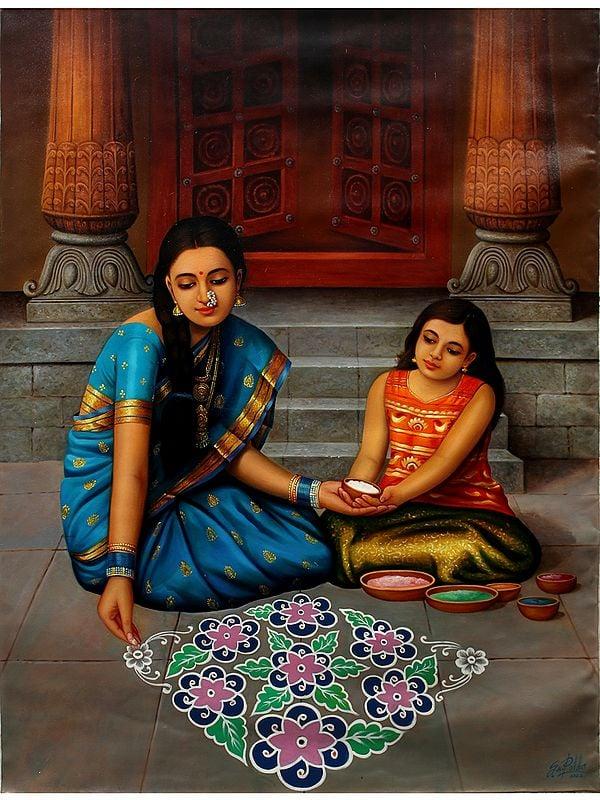 exotic india Mother and Daughter Making Rangoli | Oil On Canvas 