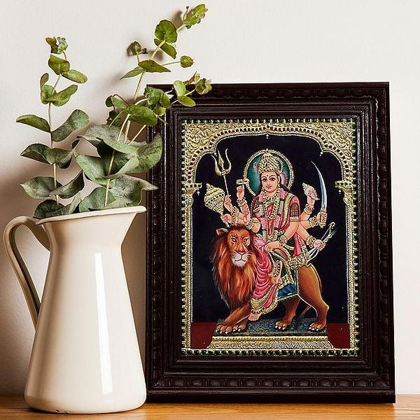 Exotic India Mother Goddess Durga Tanjore Painting (Framed) 