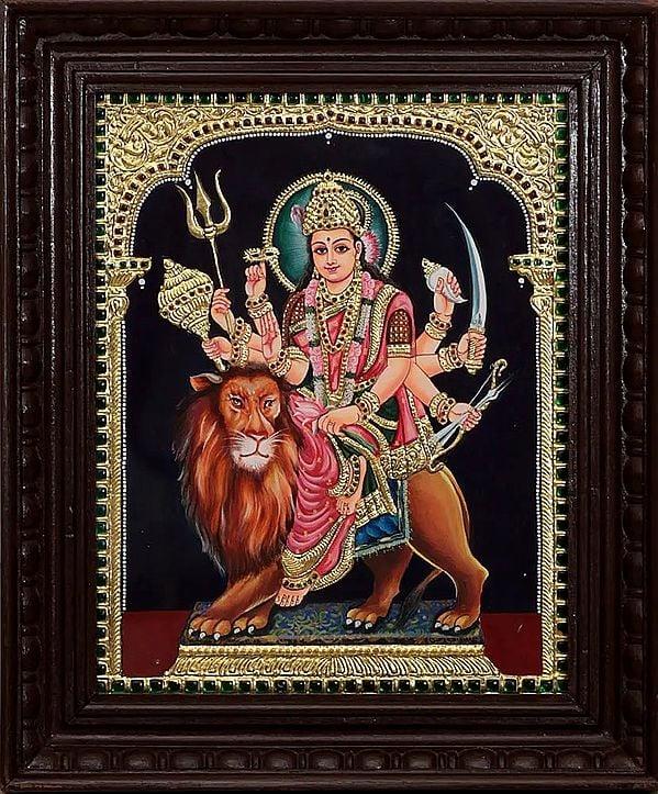 exotic india Mother Goddess Durga Tanjore Painting (Framed) 