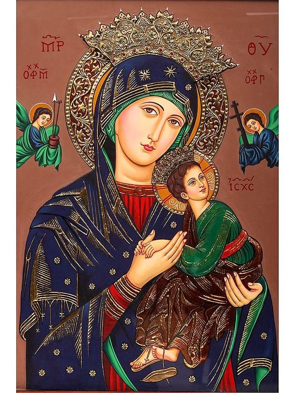 Exotic India Mother Mary With Jesus | Framed Tanjore Painting | 22 Karat Gold Work