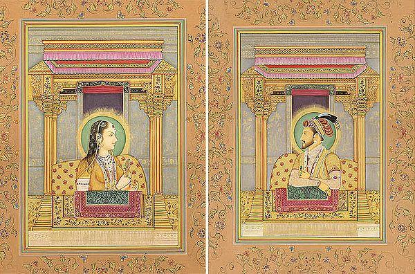 exotic india Mughal Emperor Shahjahan and Empress Mumtaj Mahal (Set of Two Paintings) 