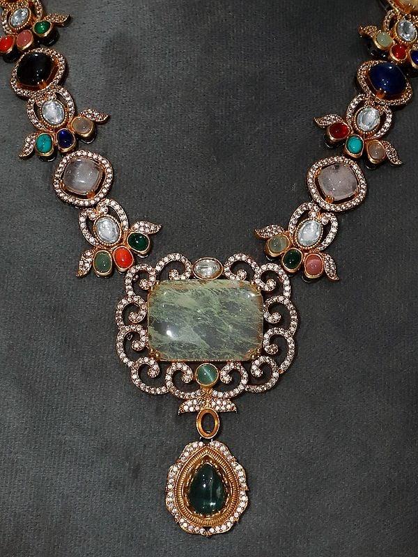 Exotic India Multi And Lemon Floral Stone Studded Necklace Set With Earrings