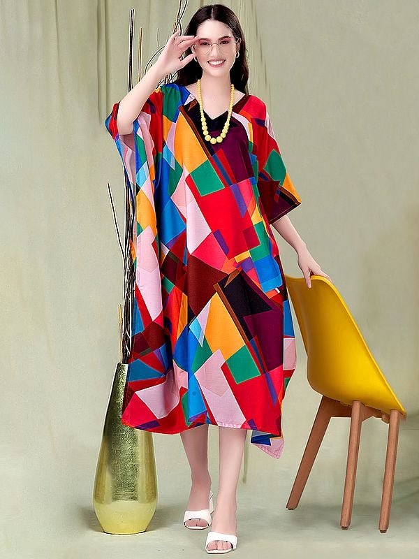 Exotic India Multi-Color Geometric Pattern Print Rayon Midi Kaftan