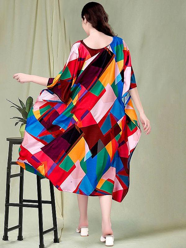 Exotic India Multi-Color Geometric Pattern Print Rayon Midi Kaftan
