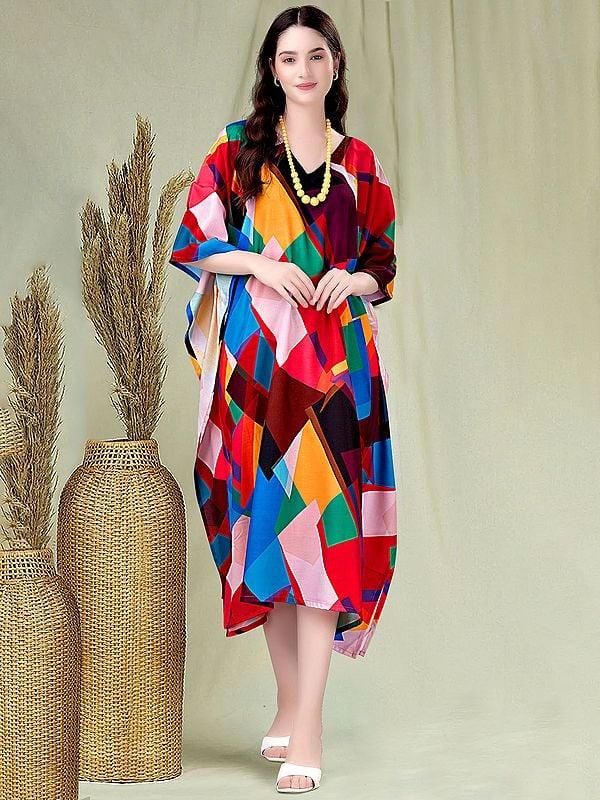 exotic india Multi-Color Geometric Pattern Print Rayon Midi Kaftan 
