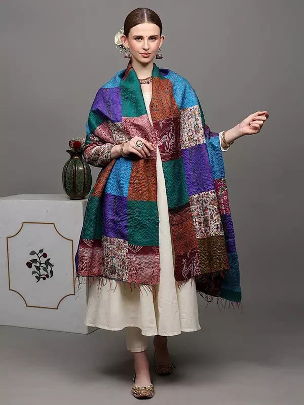 Exotic India Multi-Color Patchwork Reversible Shawl From Kolkata With Kantha Stitch Embroidery All-Over 