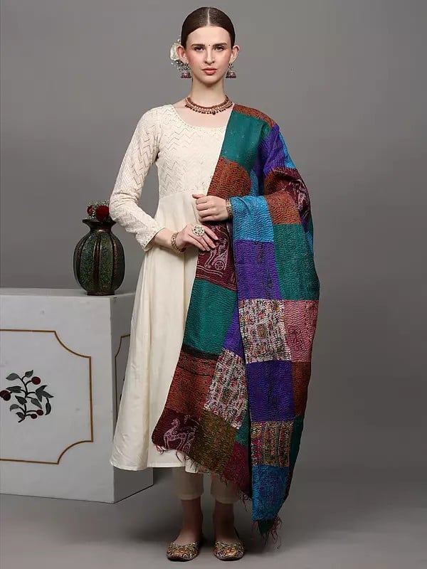 Exotic India Multi-Color Patchwork Reversible Shawl From Kolkata With Kantha Stitch Embroidery All-Over 
