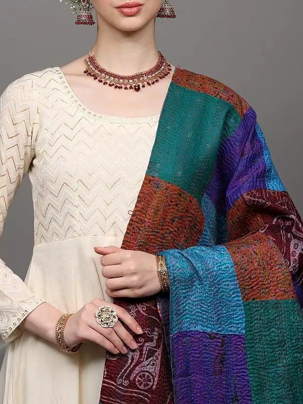 Exotic India Multi-Color Patchwork Reversible Shawl From Kolkata With Kantha Stitch Embroidery All-Over 