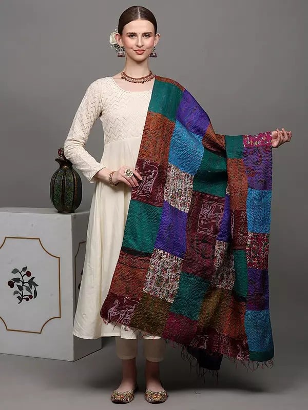 exotic india Multi-Color Patchwork Reversible Shawl from Kolkata with Kantha Stitch Embroidery All-Over 