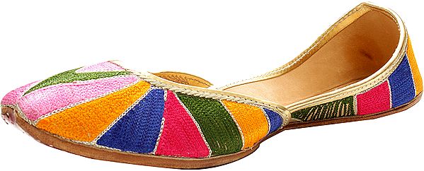 Exotic India Multi-Color Phulkari Hand-Embroidered Jooti From Punjab 