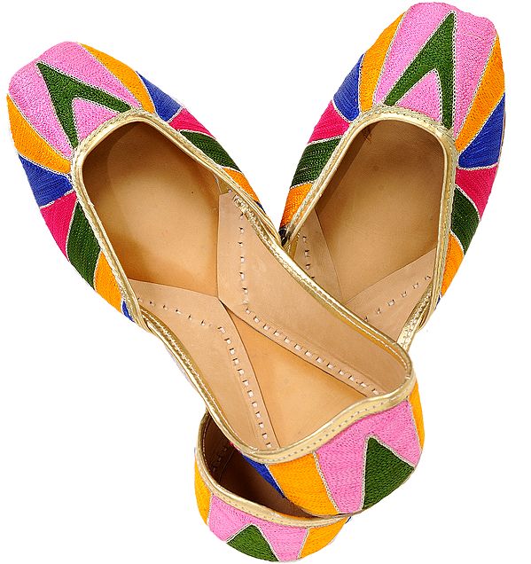 exotic india Multi-Color Phulkari Hand-Embroidered Jooti from Punjab