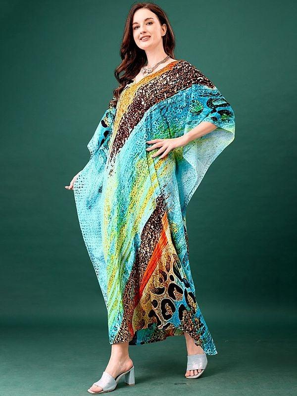 Exotic India Multi-Color Printed V-neck Long Kaftan With Internal Drawstring 