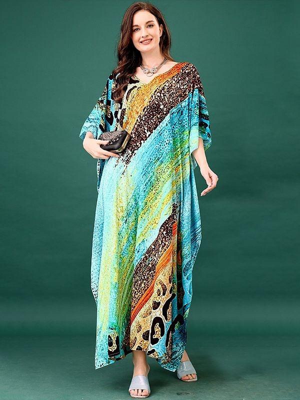 exotic india Multi-Color Printed V-neck Long Kaftan with Internal Drawstring 