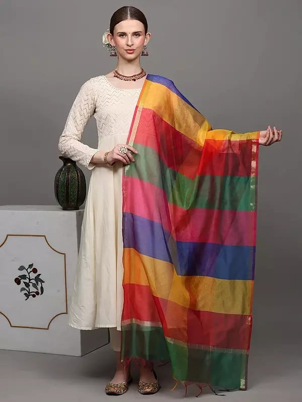 Exotic India Multi-Color Rainbow Chanderi Dupatta With Golden Thread Weave 