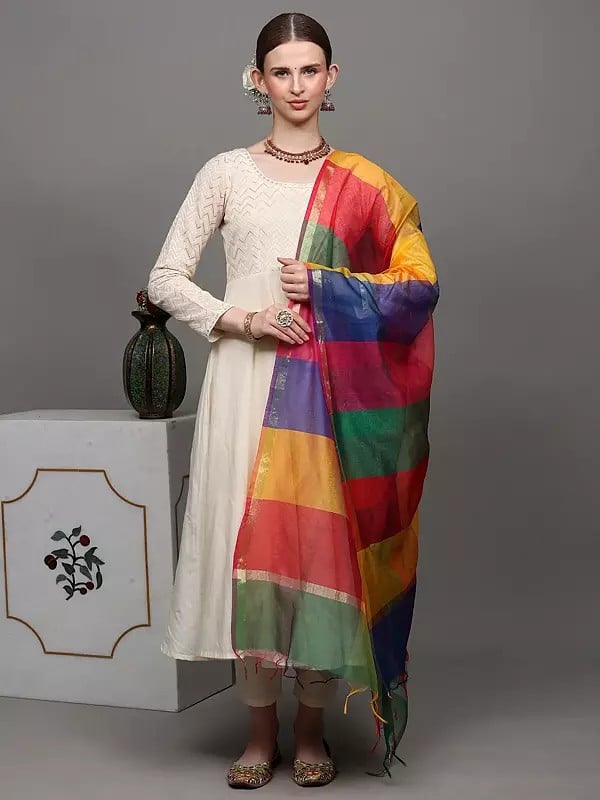 Exotic India Multi-Color Rainbow Chanderi Dupatta With Golden Thread Weave 