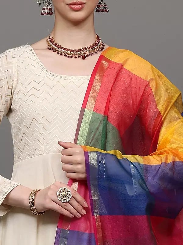 Exotic India Multi-Color Rainbow Chanderi Dupatta With Golden Thread Weave 