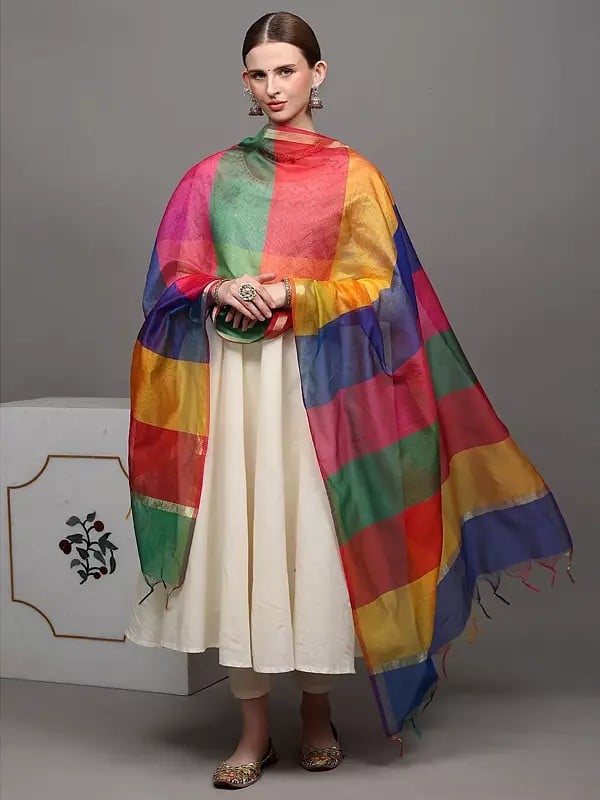 exotic india Multi-Color Rainbow Chanderi Dupatta with Golden Thread Weave 