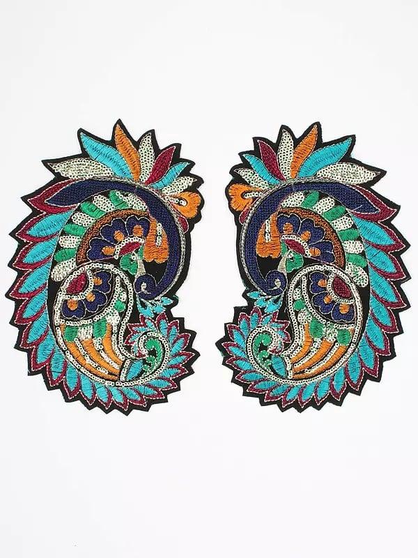 Exotic India Multi Coloured Sequins-Thread Embroidered Paisley Patch (Set Of 2) 