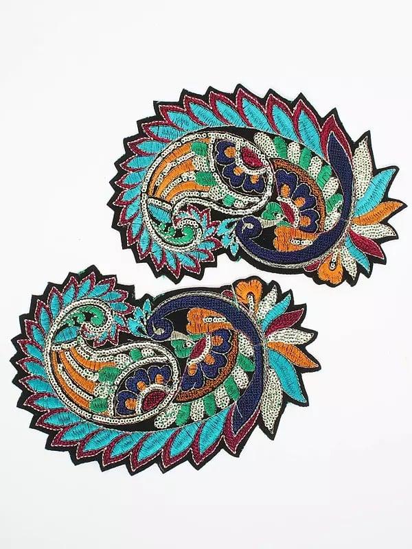 Exotic India Multi Coloured Sequins-Thread Embroidered Paisley Patch (Set Of 2) 