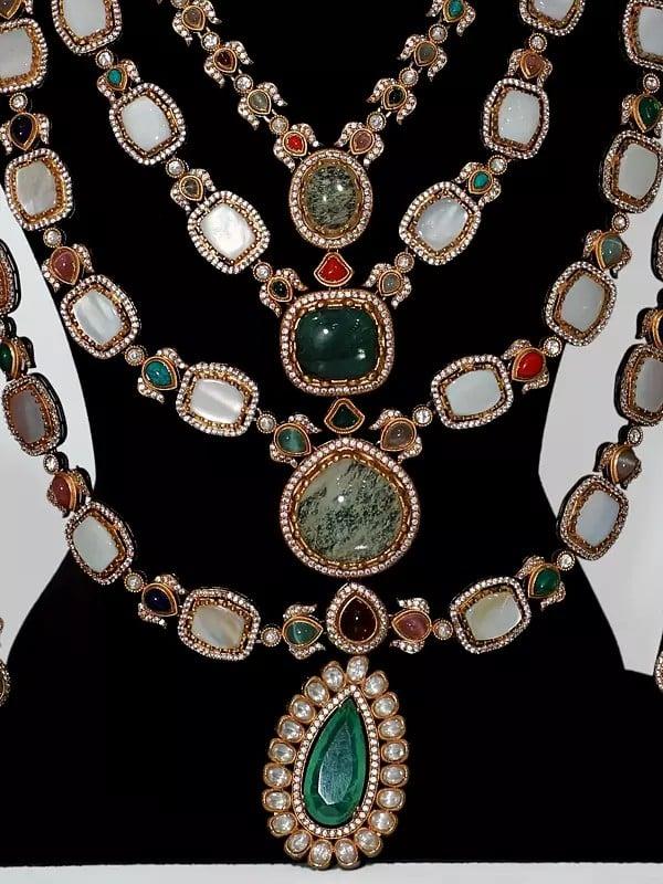 Exotic India Multi Layer Designer Stone Studded Necklace Set With Earrings | Indian Fashion Jewelry 