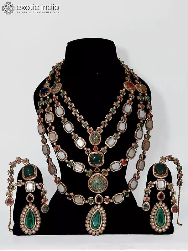 exotic india Multi Layer Designer Stone Studded Necklace Set With Earrings | Indian Fashion Jewelry