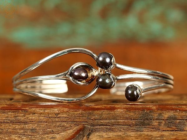 Exotic India Multi-Layered Designer Black Pearls | Sterling Silver Bracelet 