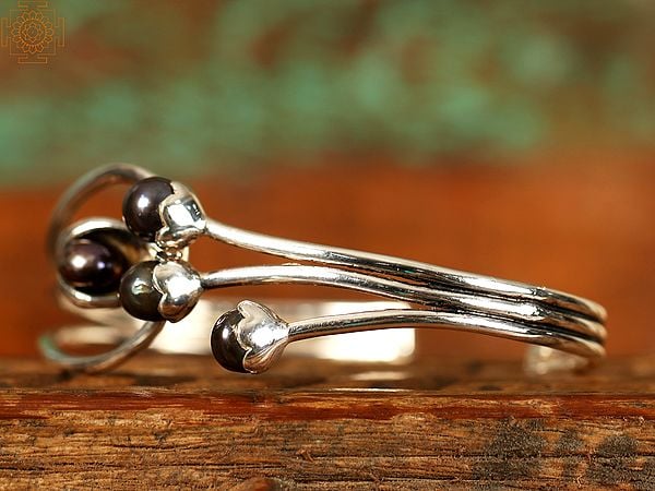 Exotic India Multi-Layered Designer Black Pearls | Sterling Silver Bracelet 