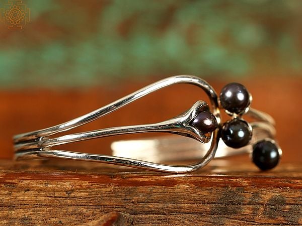 Exotic India Multi-Layered Designer Black Pearls | Sterling Silver Bracelet 