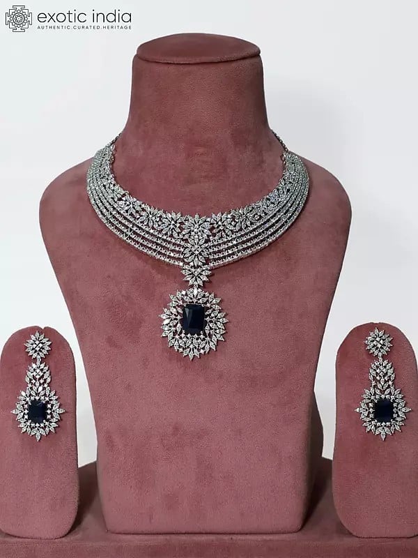 exotic india Multi Layered Floral Design Stone Studded American Diamond Necklace Set With Earrings 