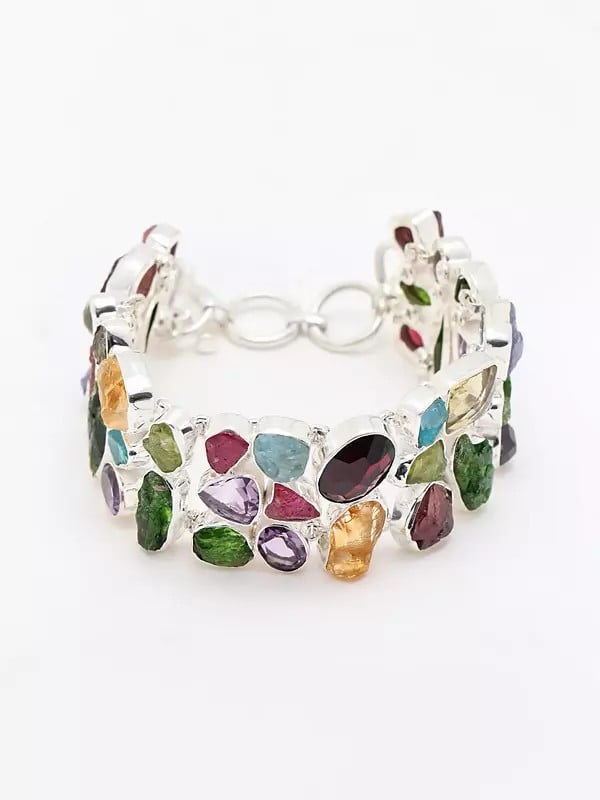 Exotic India Multi Raw Gemstone Toggle Clamp Lock Bracelet 