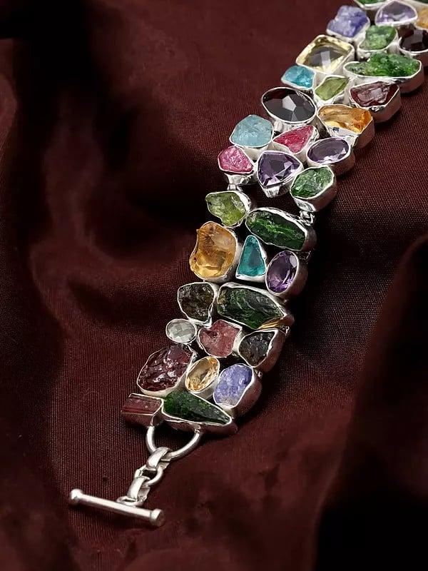 Exotic India Multi Raw Gemstone Toggle Clamp Lock Bracelet 