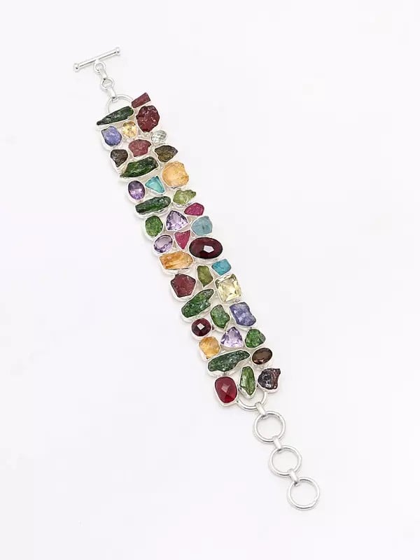 exotic india Multi Raw Gemstone Toggle Clamp Lock Bracelet 